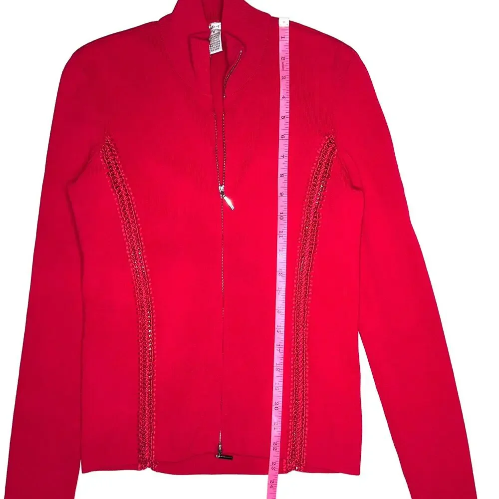 Lillie Rubin Knitwear Red Textured Cutout Full Zip Jacket Size Small